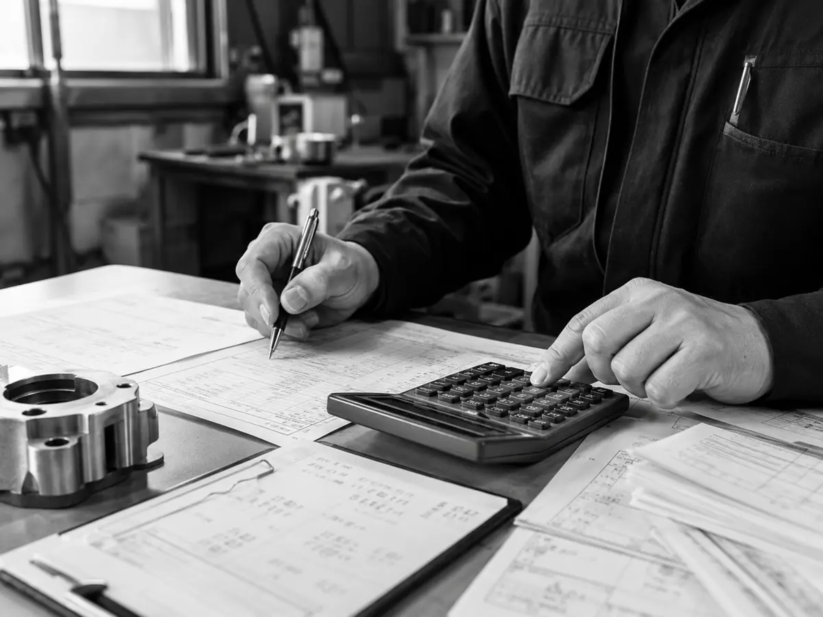 原価資料と製品を照らし合わせながら資金を計算する様子